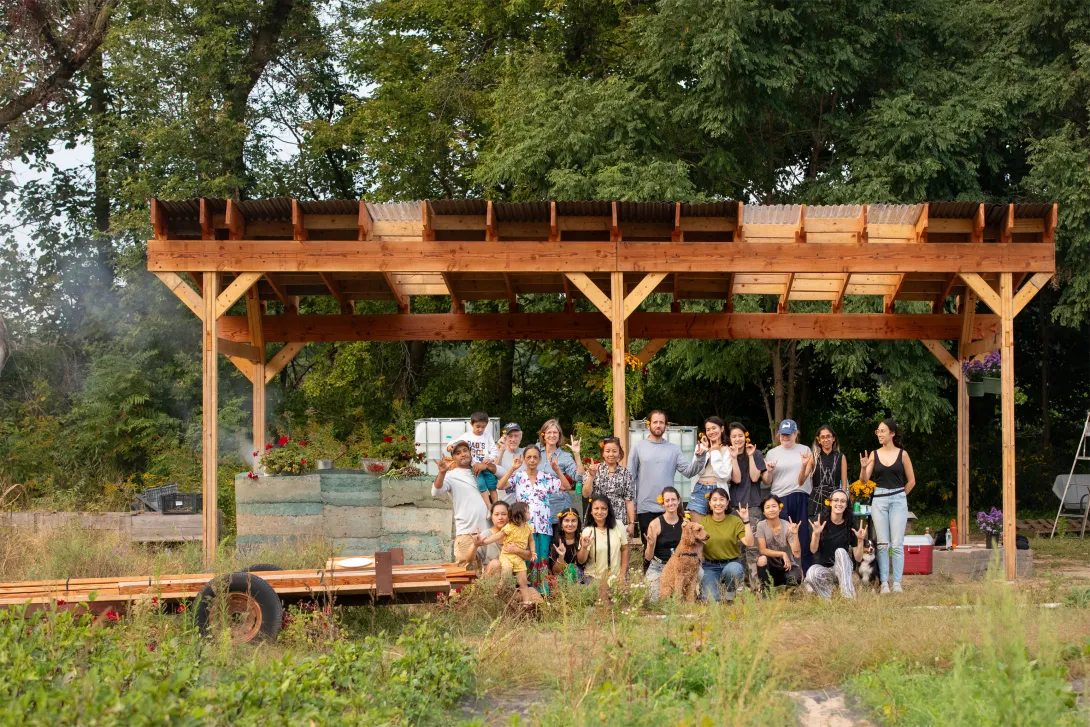 Photo of the completed community kitchen, Soil in Our Hands, a faculty-led design-build project celebrating rammed-earth construction with Deaf New Americans.