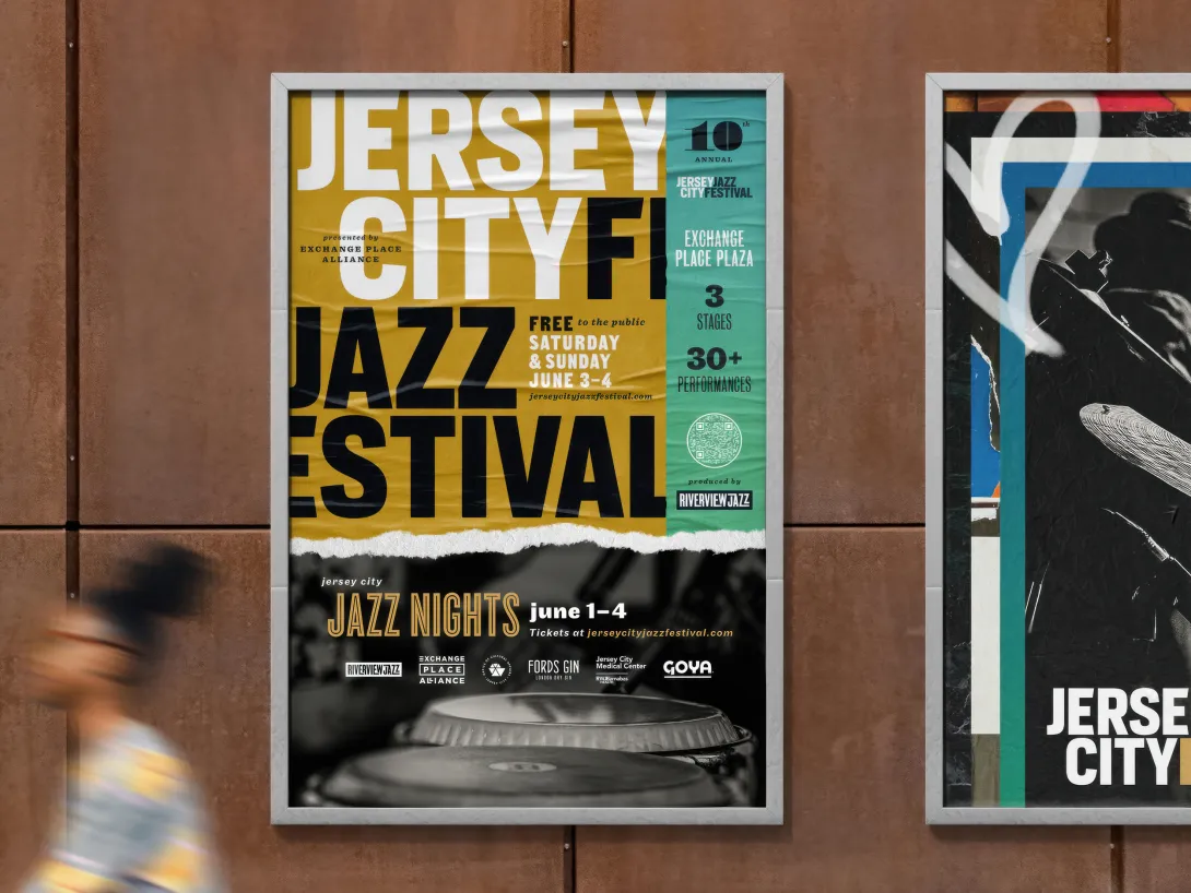 Poster from the out-of-home marketing campaign for the 10th Annual Jersey City Jazz Festival, sponsored by Riverview Jazz, a Jersey City-based nonprofit that produces free, community events.