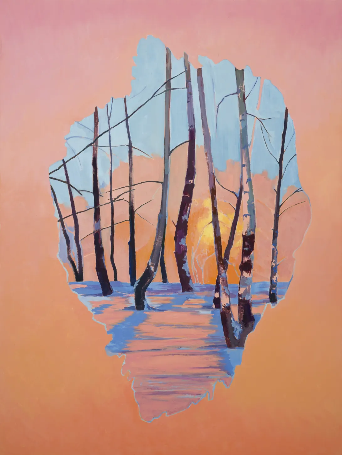 Orange and blue winter sunset scene as seen through an owl hole in a tree Hemlock Grove  