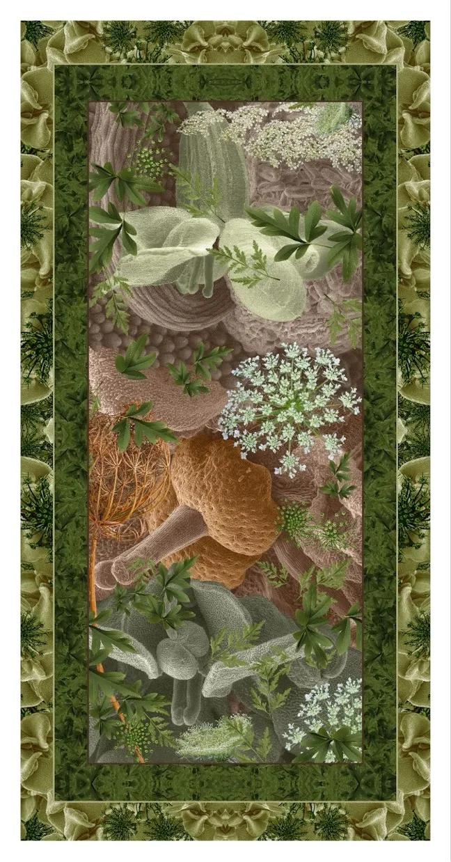 A silk wallhanging combining Macro Photography and Scannin Electron Microscopy of Queen Anne’s Lace