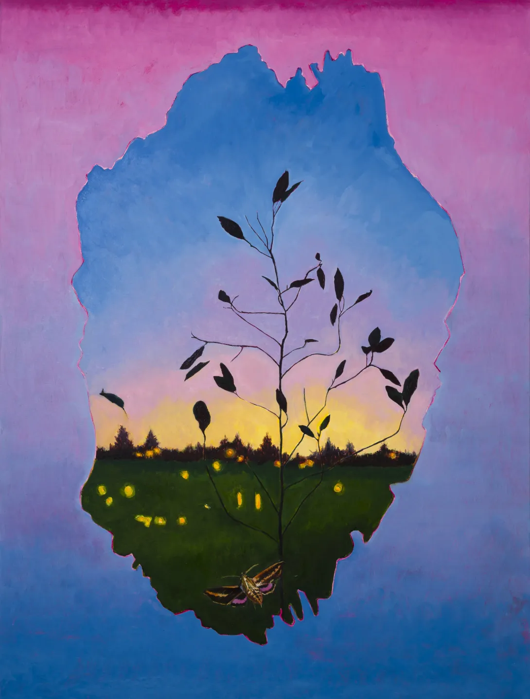 Purple and fushia, Sunset with Bay Leaf Magnolia as seen through a woodpecker hole in a tree