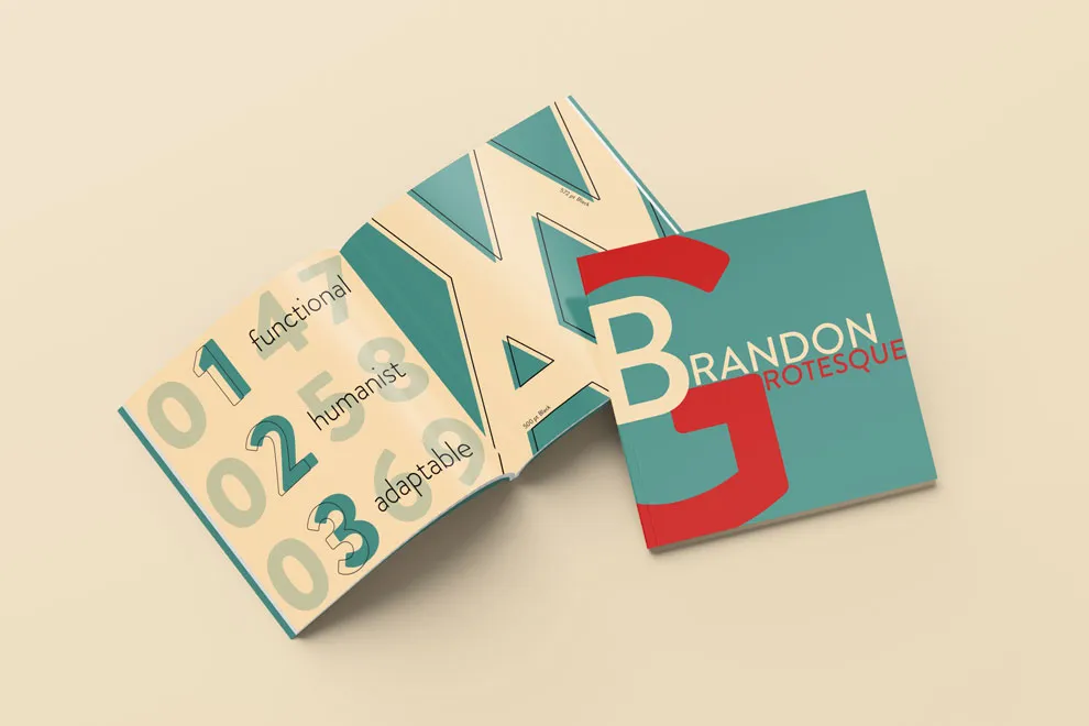 Mockup of cover and singularinside spread of the Type Specimen Book