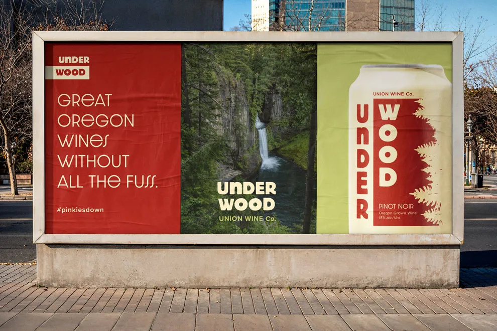 Out of home advertisement of Underwood Wine redesign. 3 posters next to each other