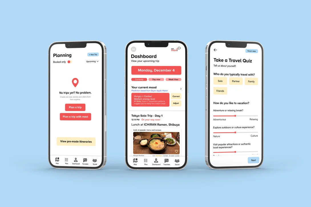3 screen mockups of Mavi Travel App.