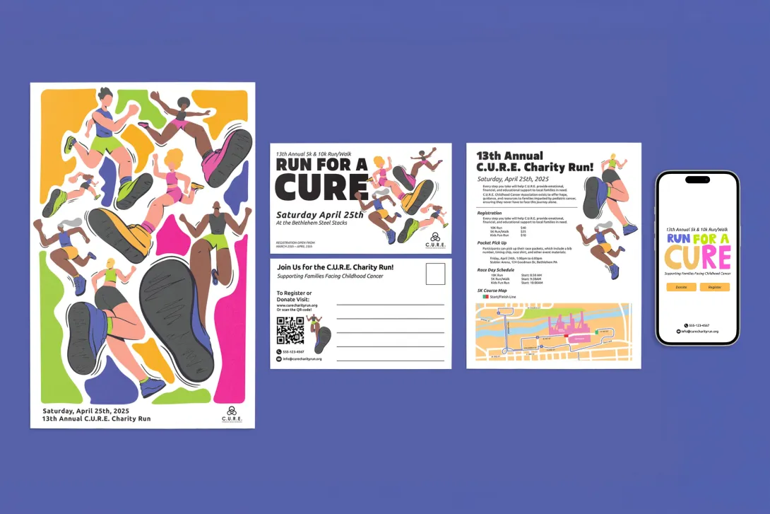 Poster of illustrated runners and color blobs, a postcard front and back with runner illustrations and the title Run For a Cure, an information page and map, and a phone with a registration page.