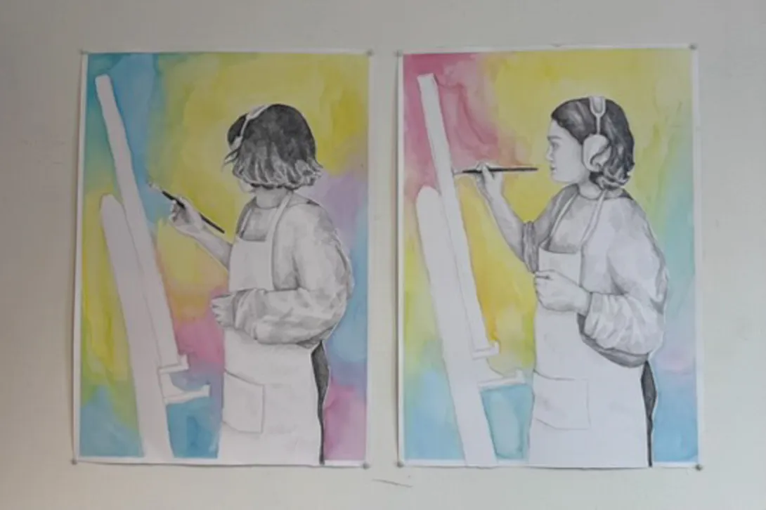 Image of two works completed in graphite and watercolor that are self portraits in two different poses. 