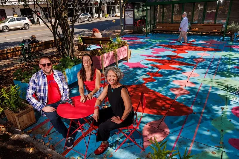 Craig Timberlake (from left), Kate Cronin, and Deirdre Murphy led the redesign of Ardmore's Schauffele Plaza through "tactical urbanism."