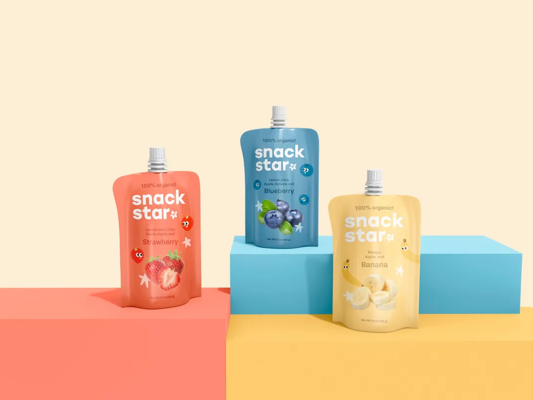 Packaging for three flavors for kids’ snack brand: strawberry, blueberry, and banana flavors